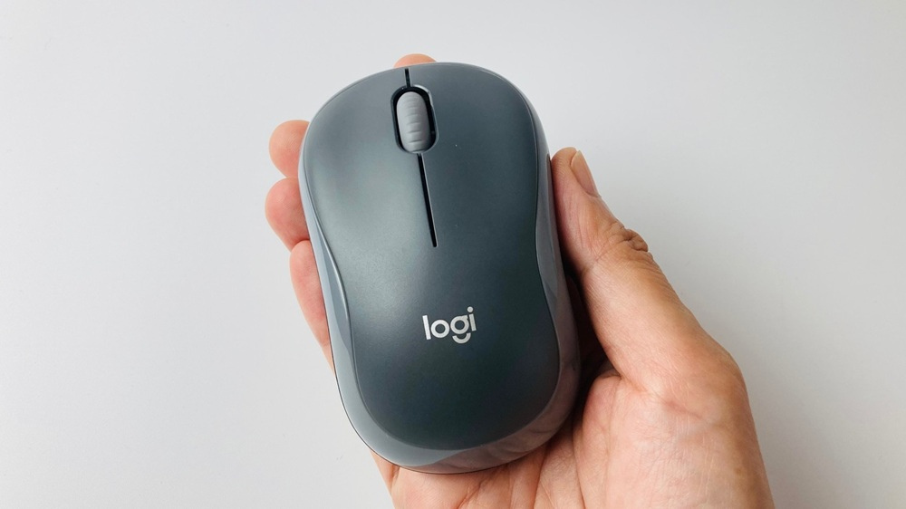 ロジクールのマウス「M185」を手にのせた様子